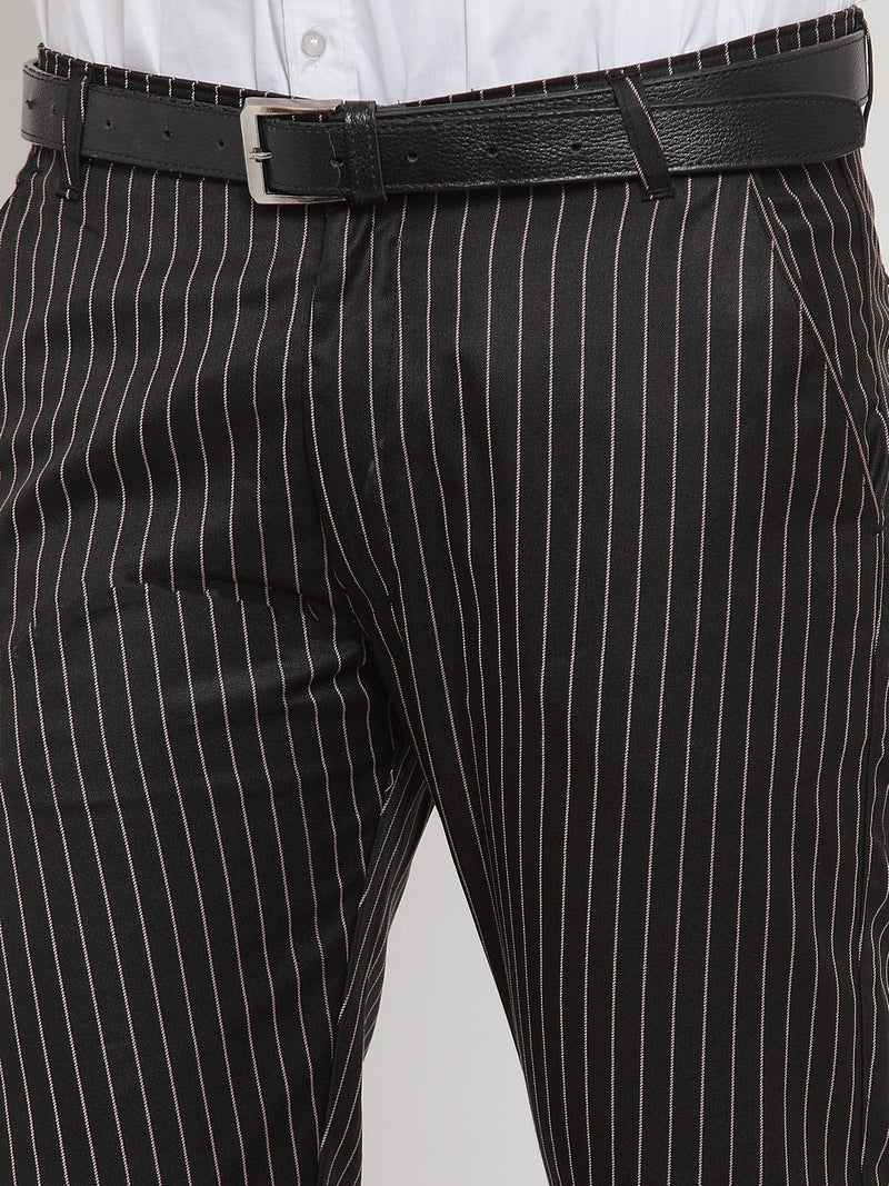 Indian Needle Men's Black Cotton Striped Formal Trousers