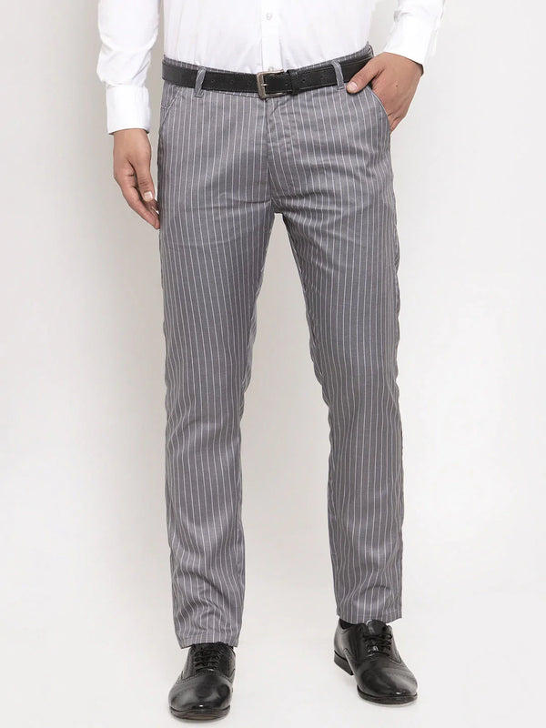 Jainish Men's Grey Cotton Striped Formal Trousers ( FGP 255Grey )