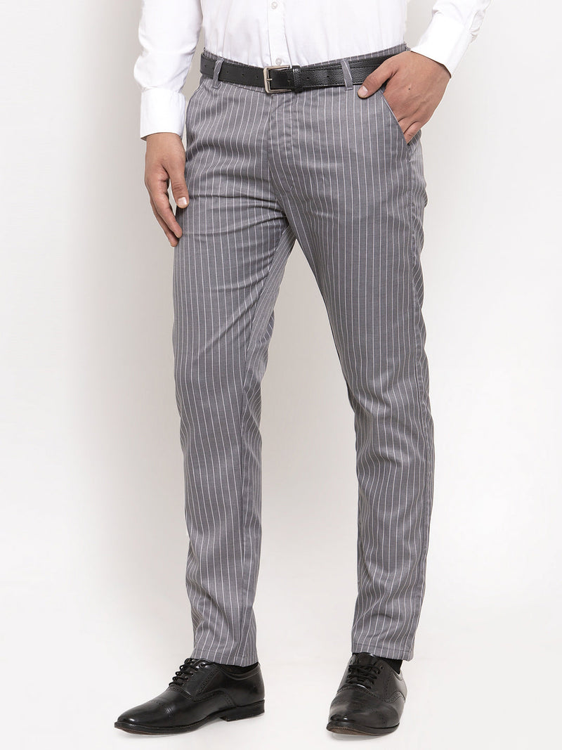 Indian Needle Men's Grey Cotton Striped Formal Trousers