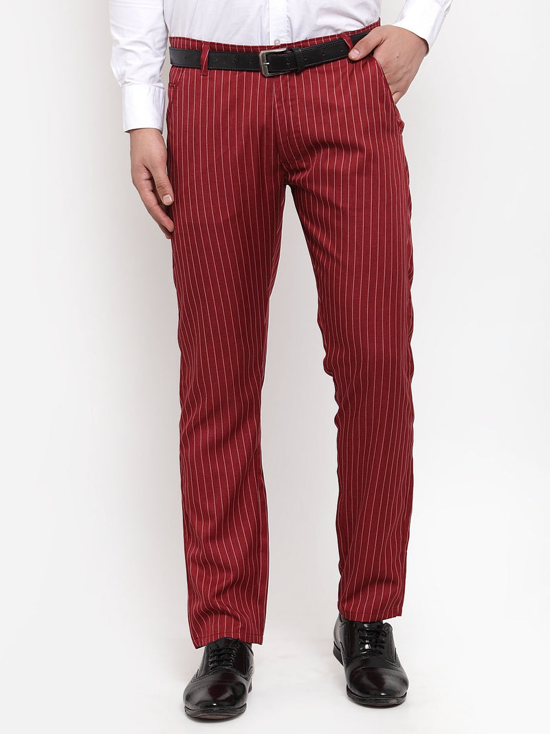 Indian Needle Men's Red Cotton Striped Formal Trousers