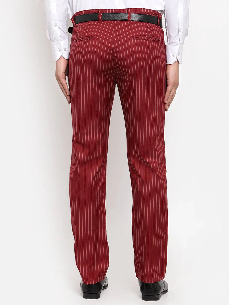 Jainish Men's Red Cotton Striped Formal Trousers ( FGP 255Maroon )