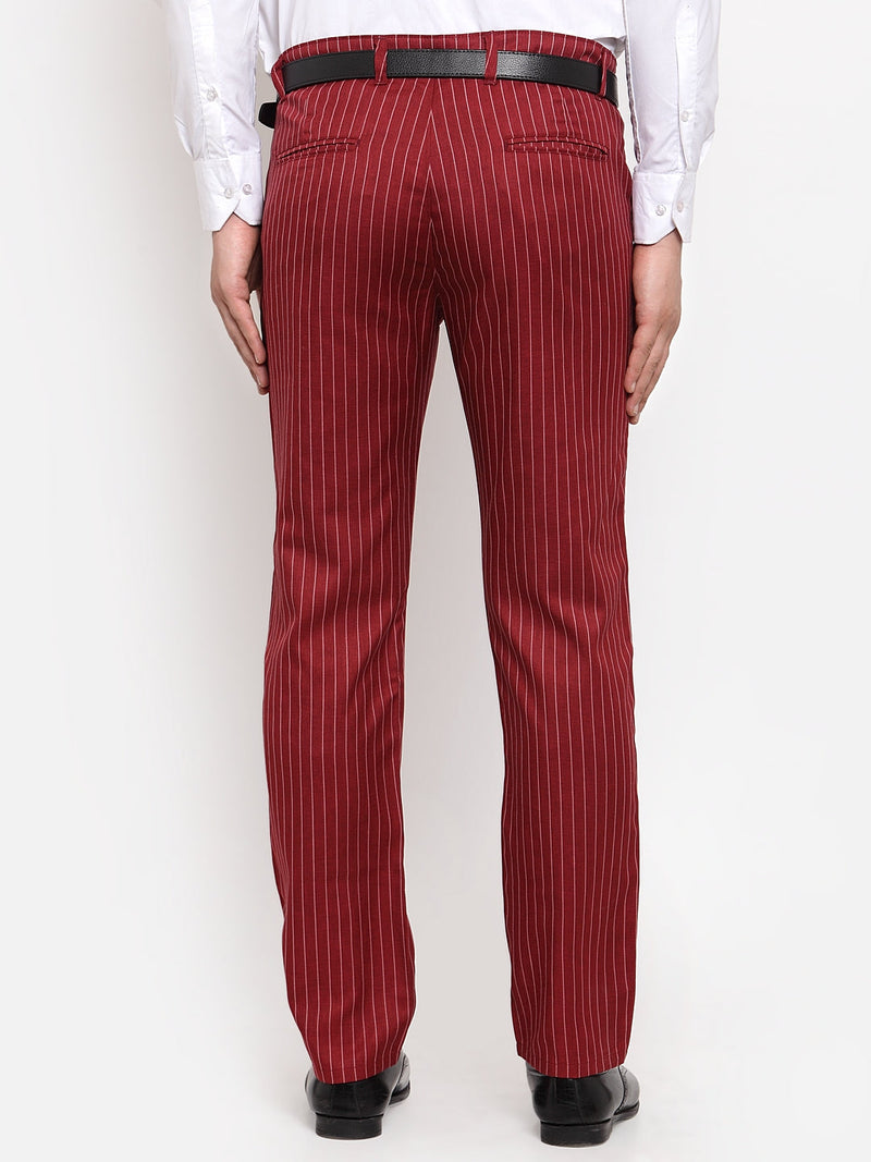 Indian Needle Men's Red Cotton Striped Formal Trousers