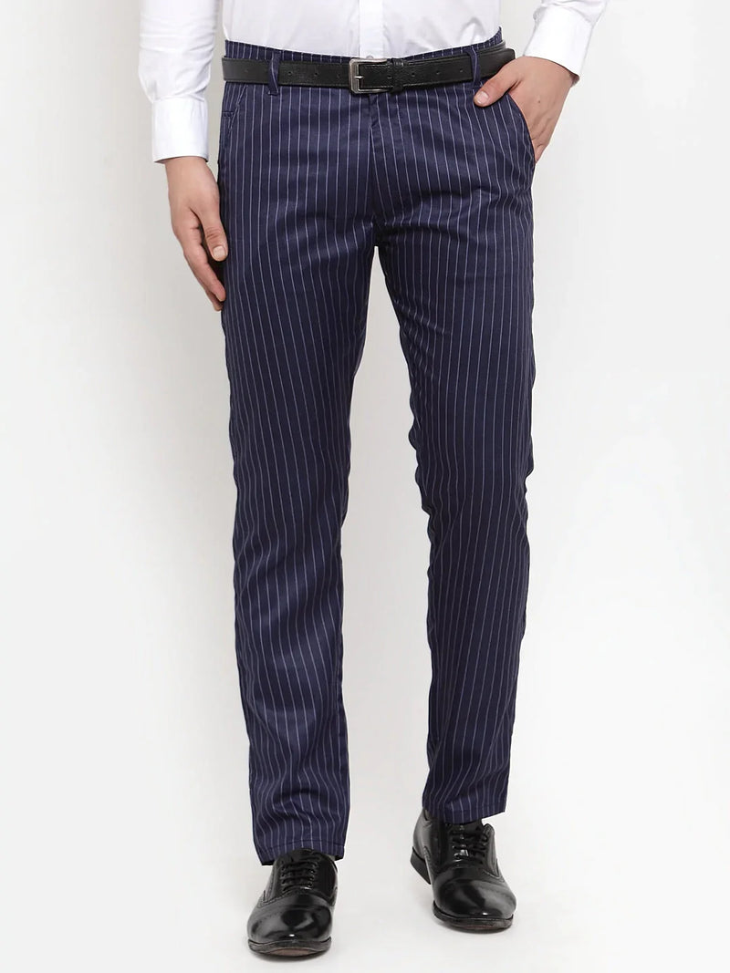 Jainish Men's Blue Cotton Striped Formal Trousers ( FGP 255Navy-Blue )