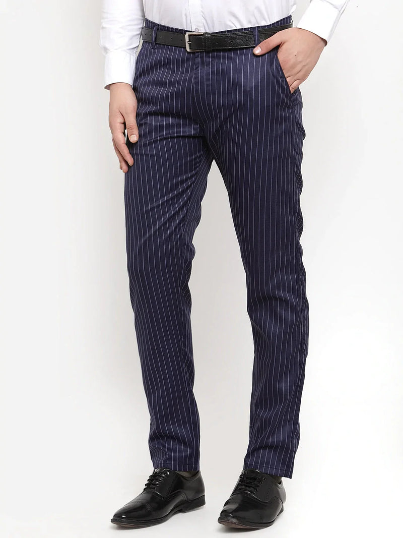 Jainish Men's Blue Cotton Striped Formal Trousers ( FGP 255Navy-Blue )