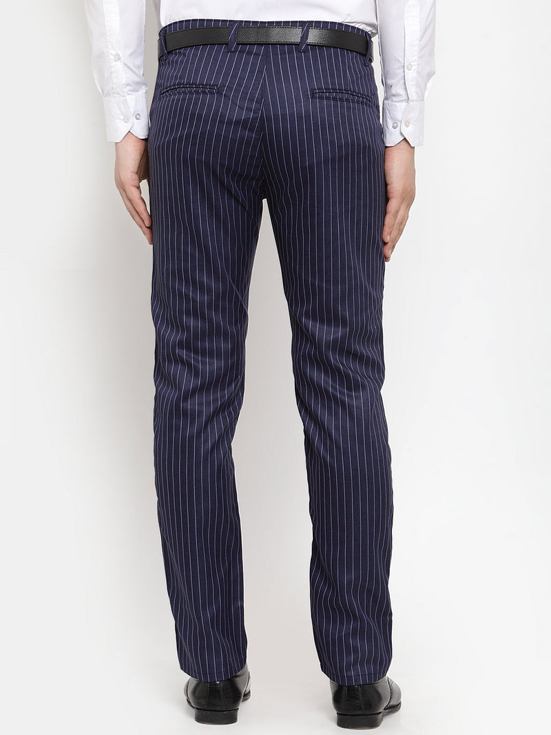 Indian Needle Men's Blue Cotton Striped Formal Trousers