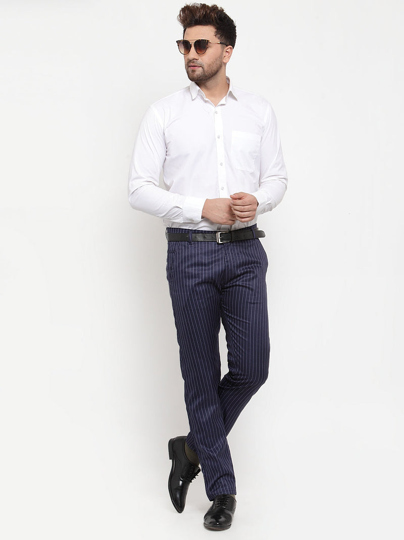 Indian Needle Men's Blue Cotton Striped Formal Trousers