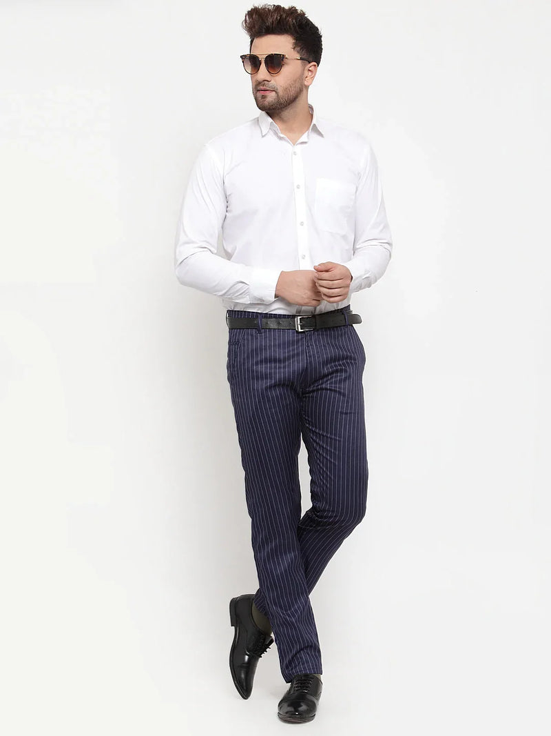 Jainish Men's Blue Cotton Striped Formal Trousers ( FGP 255Navy-Blue )