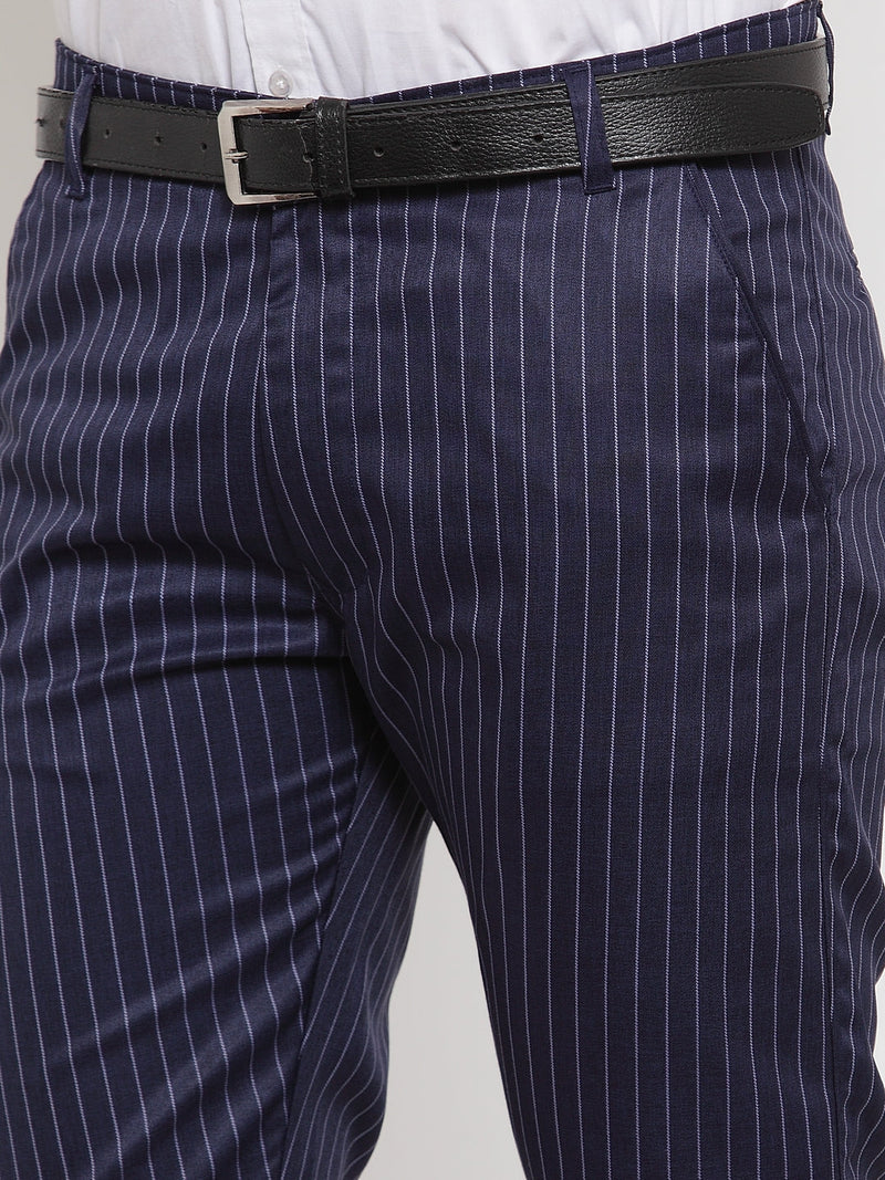 Indian Needle Men's Blue Cotton Striped Formal Trousers