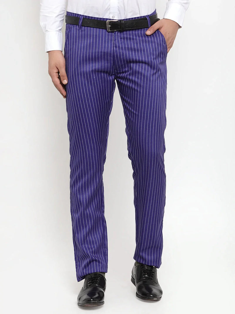 Jainish Men's Blue Cotton Striped Formal Trousers ( FGP 255Royal-Blue )