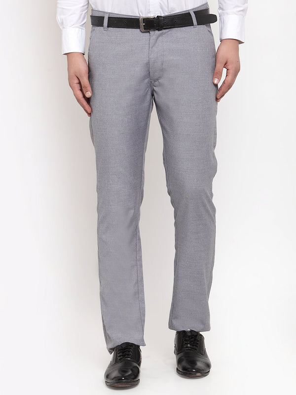 Indian Needle Men's Grey Cotton Solid Formal Trousers