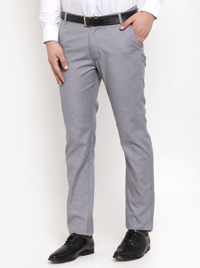 Indian Needle Men's Grey Cotton Solid Formal Trousers