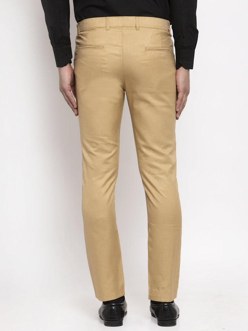 Indian Needle Men's Beige Cotton Solid Formal Trousers