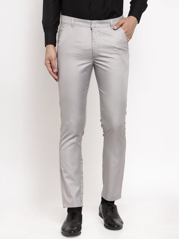 Indian Needle Men's Grey Cotton Solid Formal Trousers