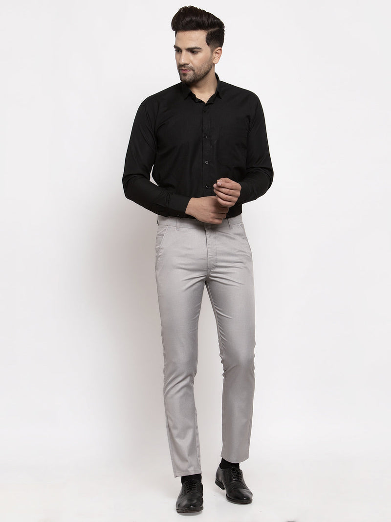 Indian Needle Men's Grey Cotton Solid Formal Trousers