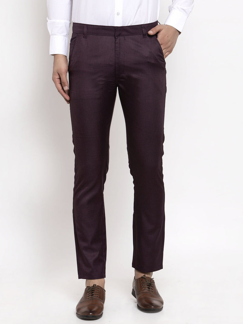 Indian Needle Men's Purple Cotton Solid Formal Trousers