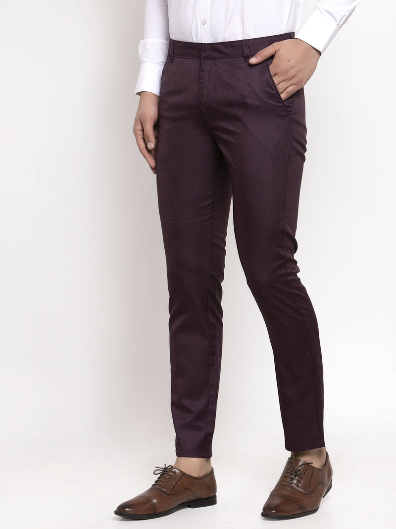 Indian Needle Men's Purple Cotton Solid Formal Trousers