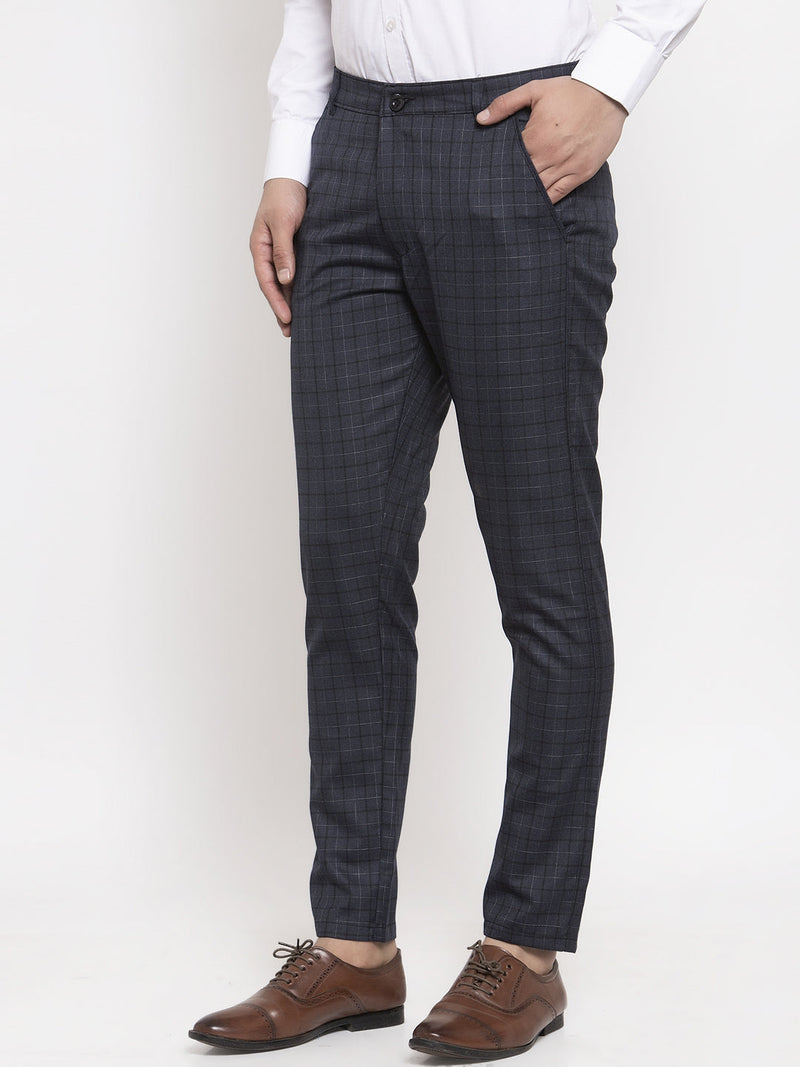 Indian Needle Men's Black Cotton Checked Formal Trousers