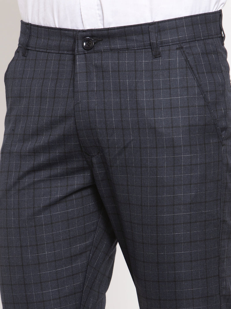 Indian Needle Men's Black Cotton Checked Formal Trousers