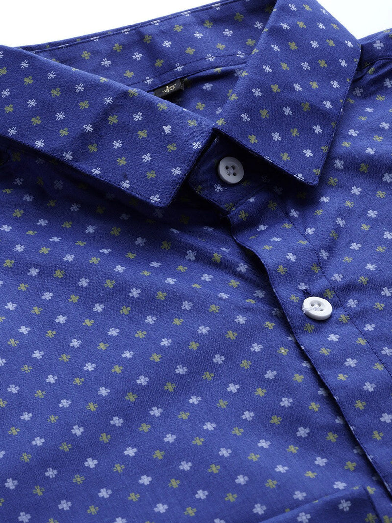 Indian Needle Blue Men's Cotton Printed Formal Shirts