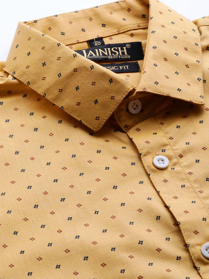 Jainish Yellow Men's Cotton Printed Formal Shirts ( SF 716Mustard )