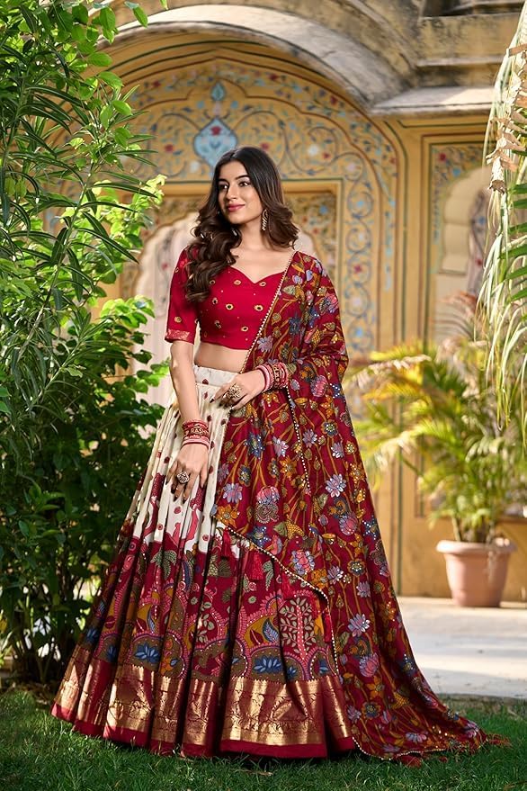 Women's Tussar Silk Lehenga Choli Set | Patola Print with Foil Work | Unstitched Blouse | Designer Ethnic Wear for Navratri, Wedding, Festival & Party