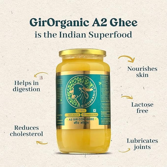 GirOrganic A2 Pure Ghee 100% Gir Cow Ghee | Vedic Bilona Method | Grassfed, Cultured, Premium & Traditional Ghee