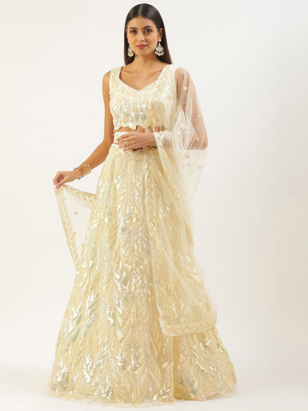 Aastha fashion Yellow Soft net lehanga blouse fabric Multiple Sequins, Thread Embroidery Work