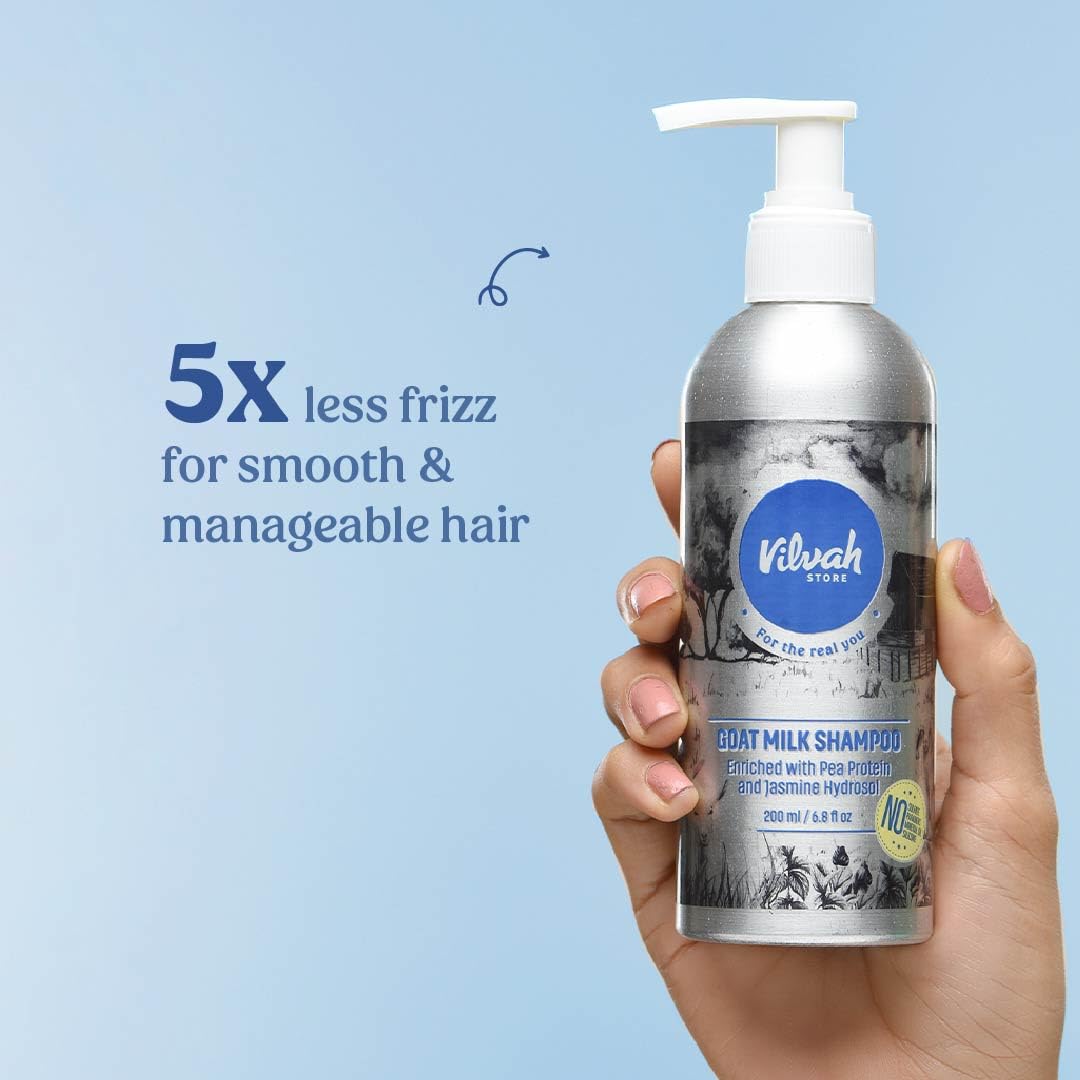 Vilvah Store Goat Milk Shampoo, For Dry & Frizzy Hair with Pea Protein and Goat Milk, Strong & Shiny Hair, No Sulfates, No Paraben, Shampoo For Men and Women 200 ml