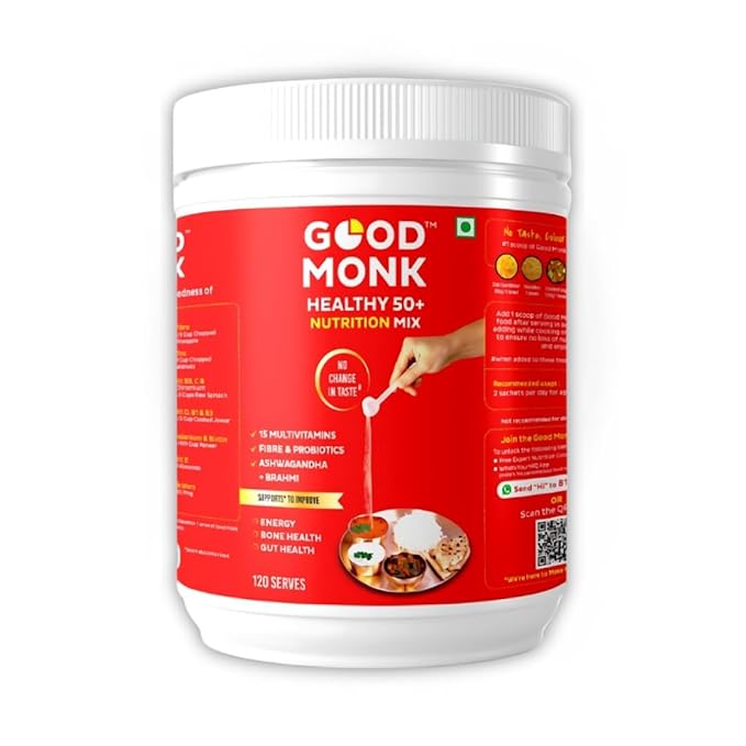 Good Monk Healthy 50+ Multivitamin for Senior Men & Women | For Energy, Bone & Gut Health | With Probiotics, Fibre, Ashwagandha, Vit. B12, C, D, Iron, Zinc | Add To Food - No Taste Change