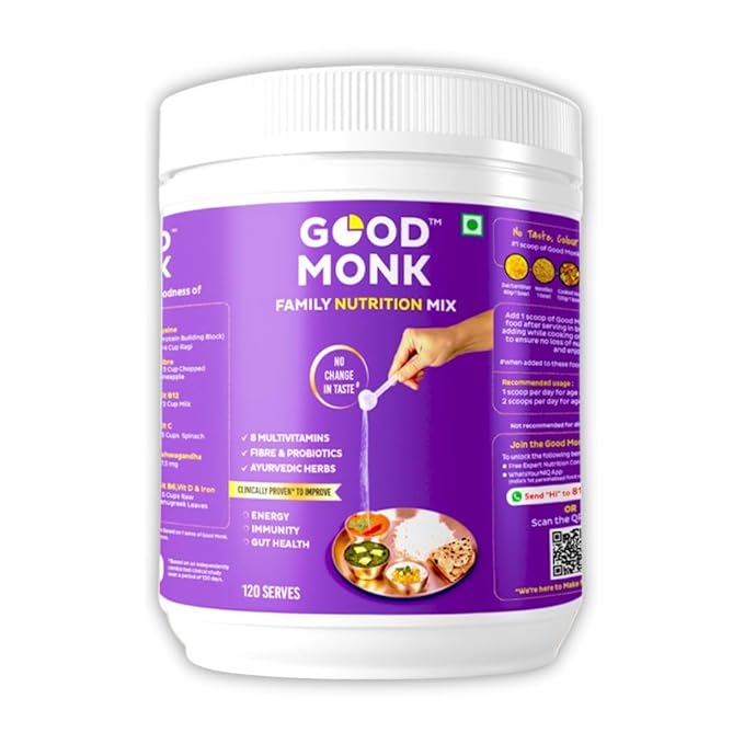 Good Monk Multivitamin for Kids, Men & Women | Proven to Improve Energy, Immunity, Gut Health | With Probiotics, Fibre, Vit B12, C, D, Iron, Zinc | Add To Food - No Taste Change
