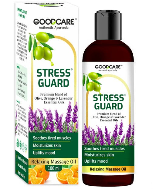 Goodcare Stress Guard Relaxing Massage Oil packaging and bottle on a white background
