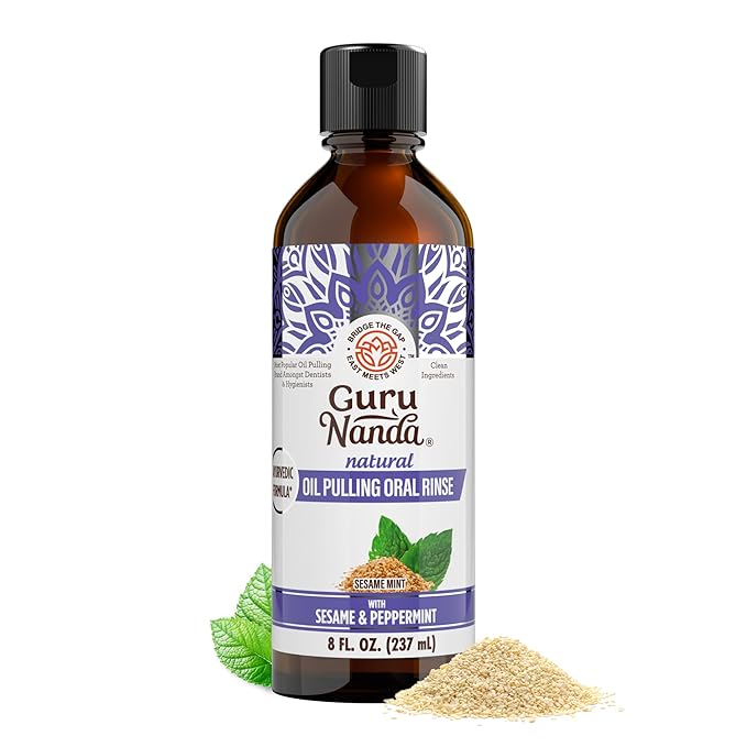 Guru Nanda oil pulling product with label and ingredients on a white background