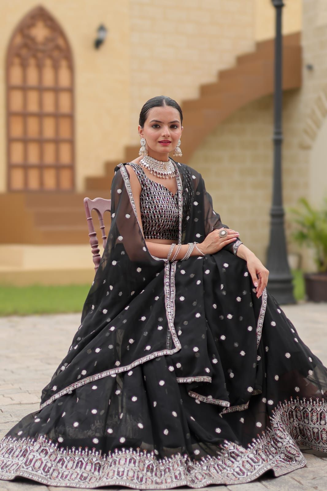 Aastha fashion black faux georgette lehanga blouse fabric embroidery work