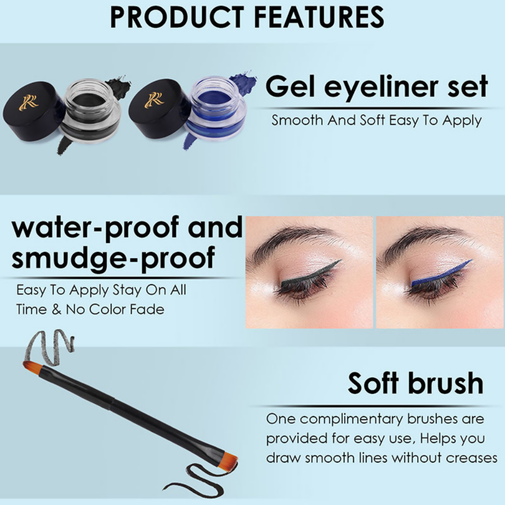 Ronzille 36Hr Waterproof And Smudge Proof Long Wear Gel Eyeliner With Brush - Black And Blue