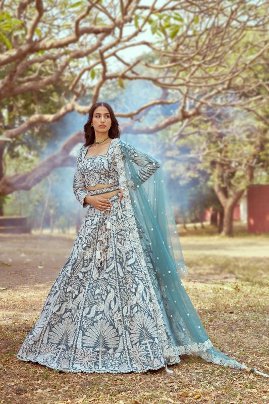 Aastha fashion Teal Organza lehanga blouse Embroidery Work
