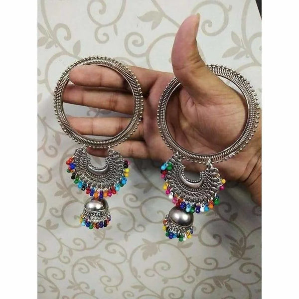 WOMENS SILVER COLOUR OXIDISED BANGEL WITH MULTY COLOUR PEARL  THZ075