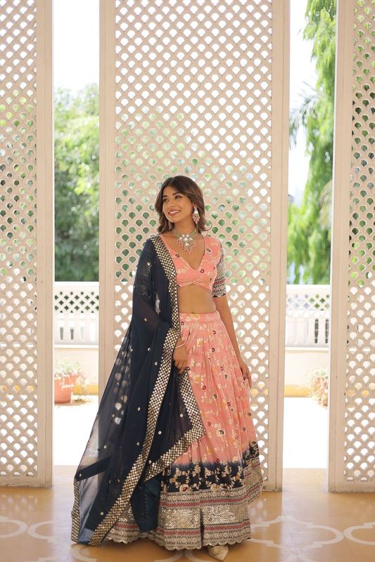Aastha fashion peach Pure Dyable Viscose Jacquard lehanga  blouse fabric embroidery work