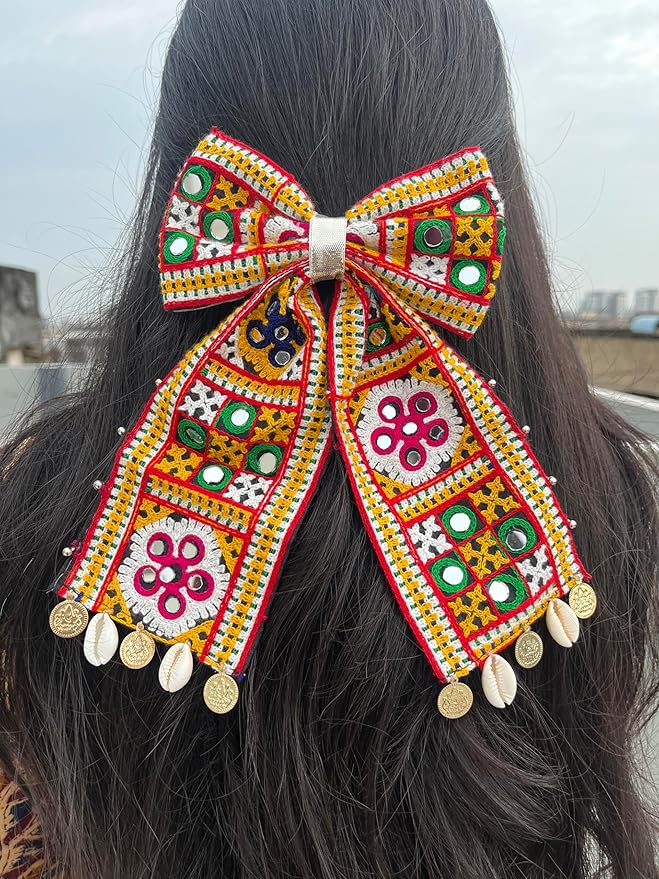 Handmade Navratri Hair Bow Juda Pin for Women & Girls | Traditional Garba Hair Accessory with Mirror Work, Cowrie Shells & Coins | Ethnic Hair Clip for Dandiya & Festive Outfits