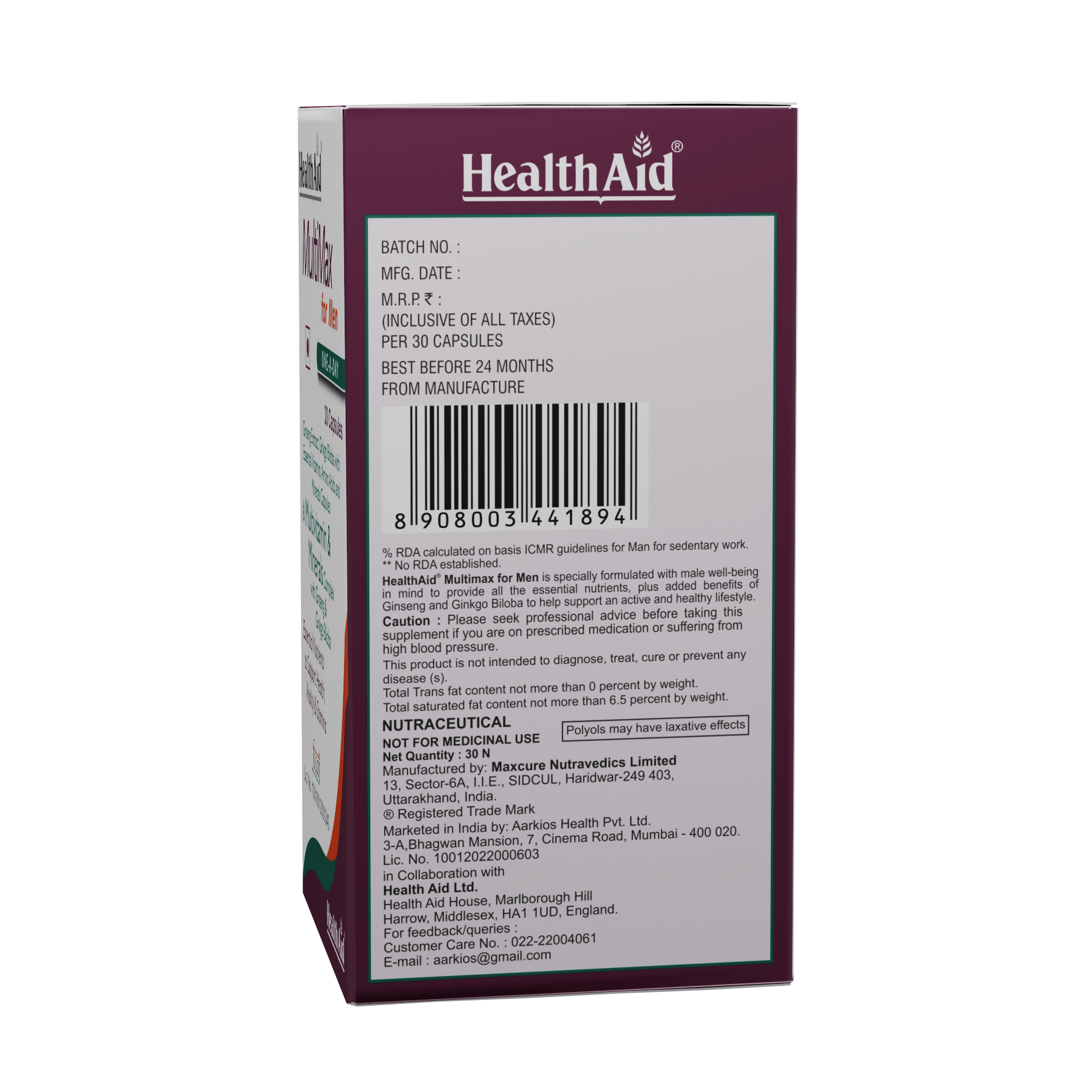 HealthAid MultiMax for Men, Vegetarian Liquid fill Capsules
