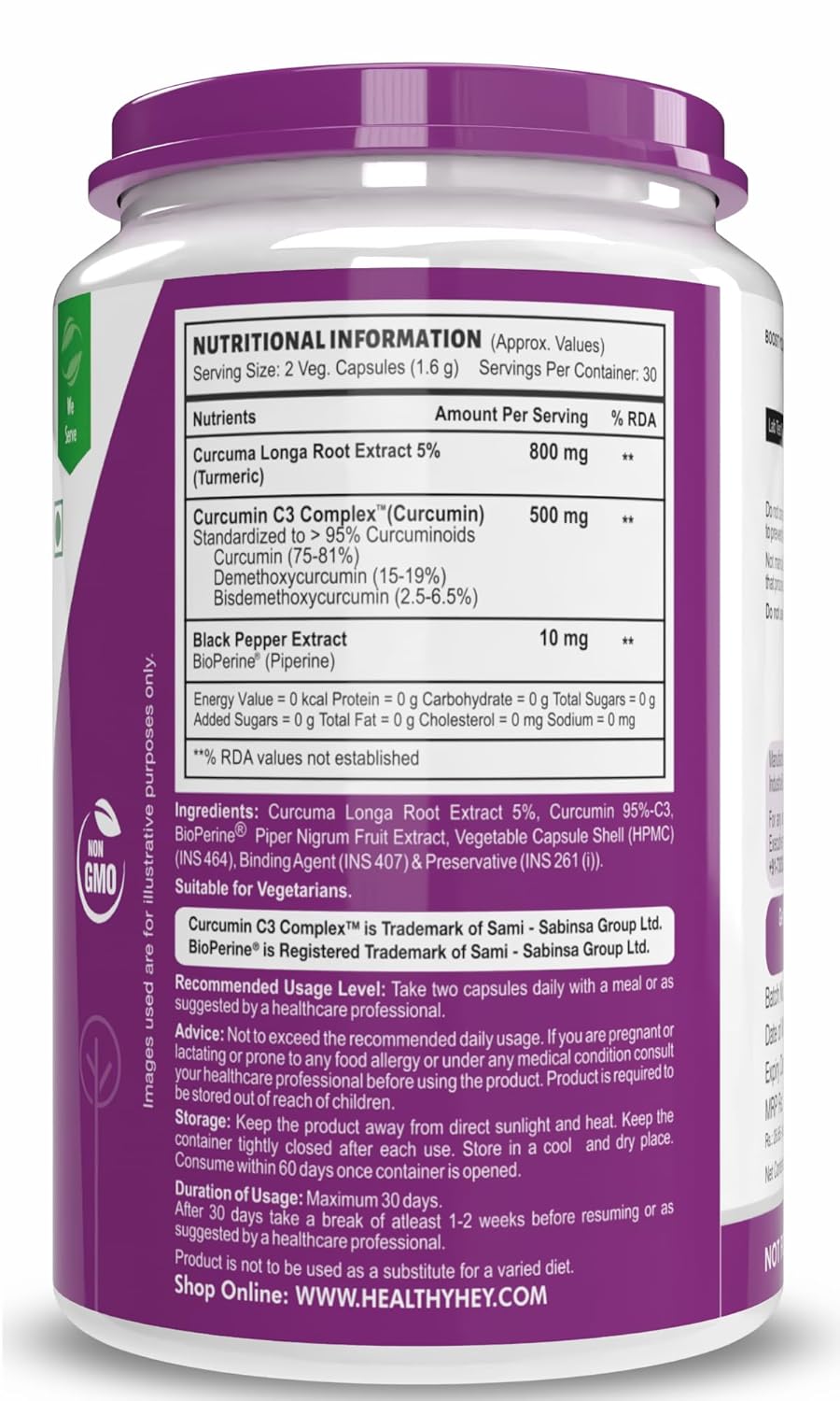 HealthyHey Nutrition Curcumin with Bioperine (Ultra Pure) | Organic Turmeric, 90 Vegetable Capsules