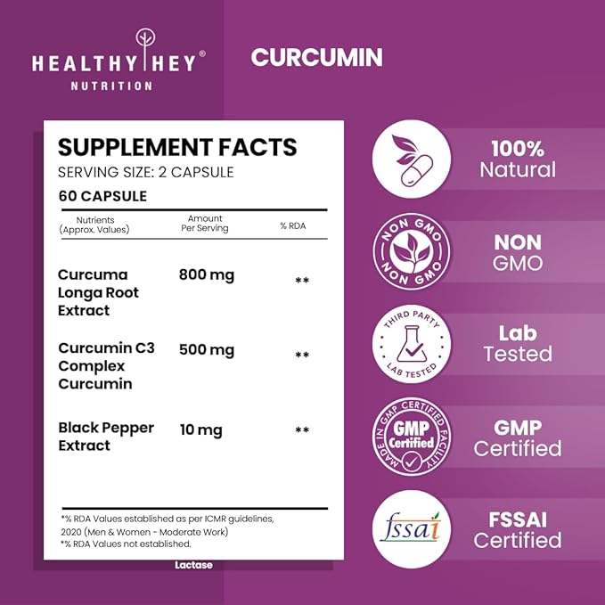 HealthyHey Nutrition Curcumin with Bioperine (Ultra Pure) | Organic Turmeric, 90 Vegetable Capsules