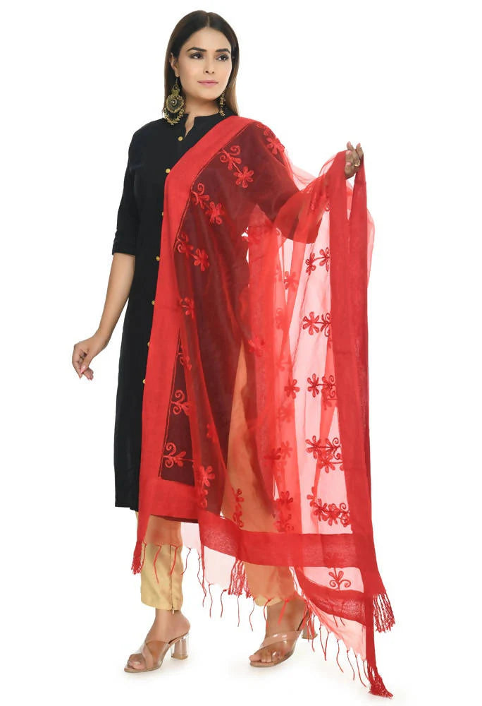 Mominos Fashion Red Orgenza Chikan Work Dupatta