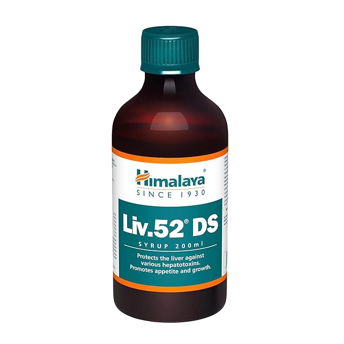 A 200ml bottle of Himalaya Liv.52 DS Syrup, featuring a dark amber brown bottle, a teal-green cap, and a white label with teal and orange accents, set against a plain white background.