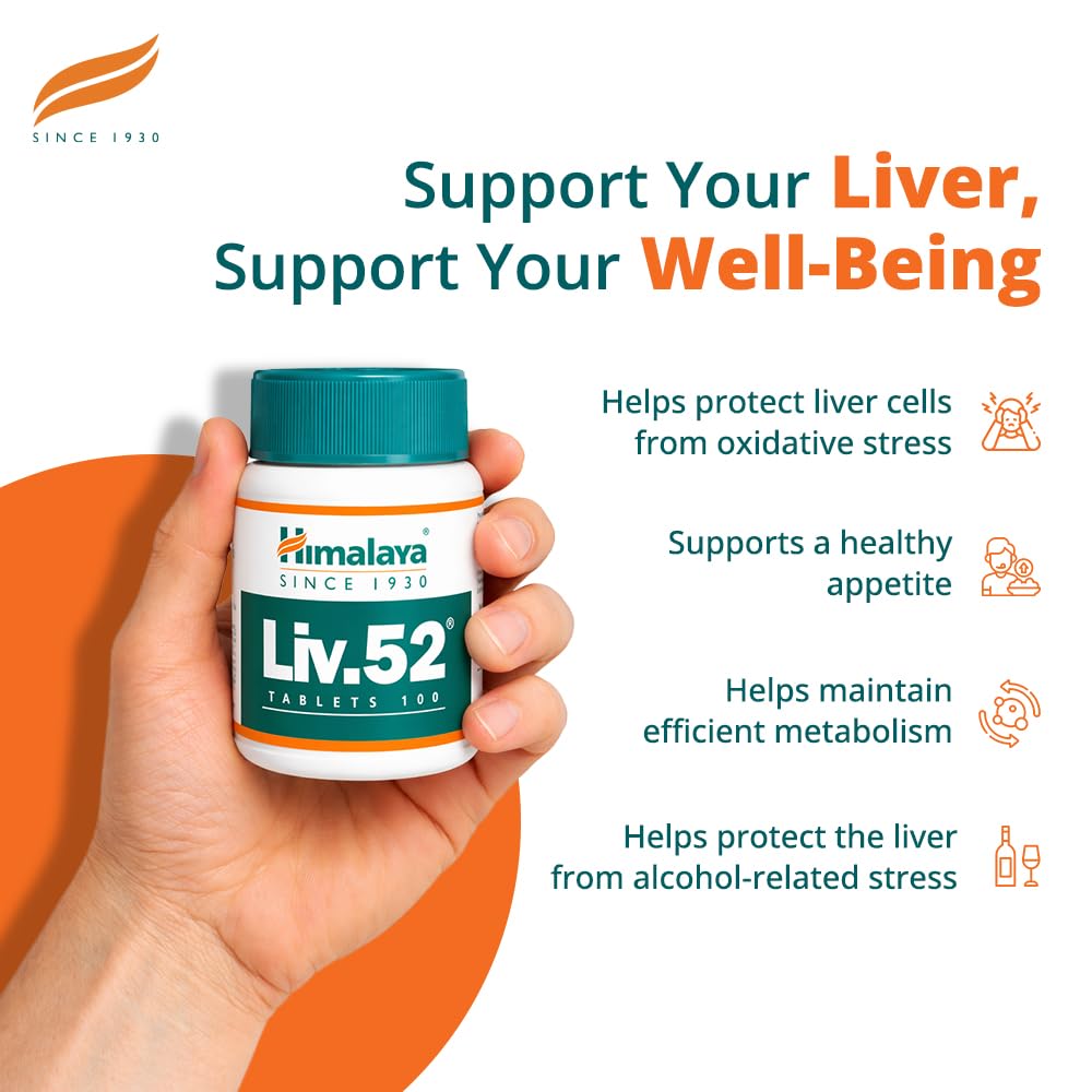 Himalaya Liv.52 supplement bottle held in a hand with promotional text on an orange and white background
