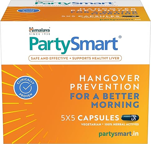A box of PartySmart Hangover Prevention capsules by Himalaya, featuring a white and orange design with blue and yellow text and graphics.