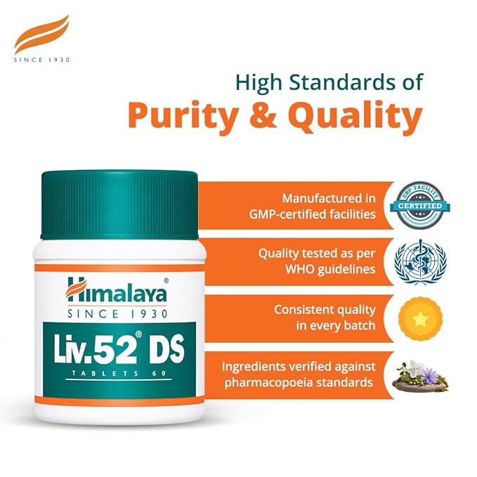 Himalaya Liv.52 DS tablets 60 count bottle on a white background with promotional text and quality badges.
