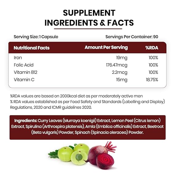 Himalayan Organics Plant Based Iron and Folic Acid Supplement 90 capsules