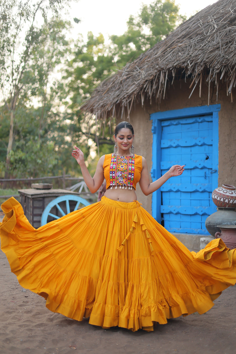 Aastha fashion off mustard Lehenga Choli with 14Kg Reyon with Standard Frill fabric blouse fabric