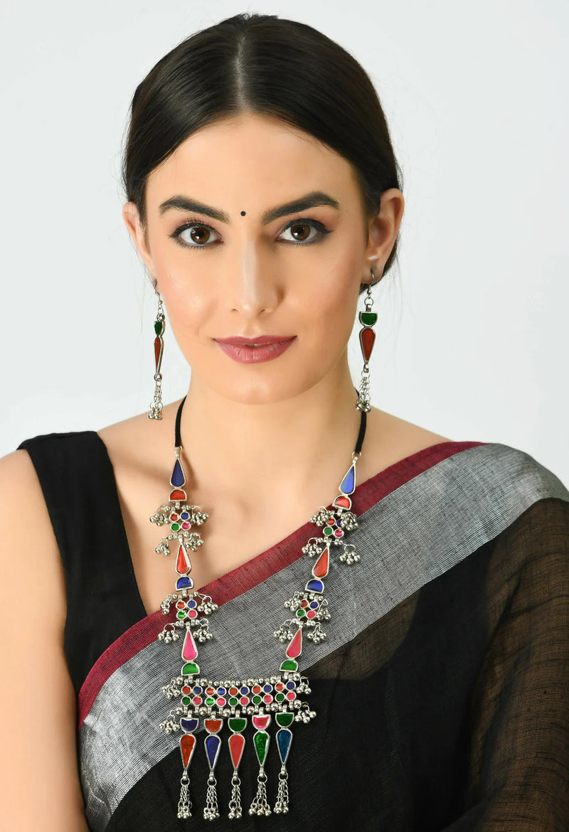 WOMENS MULTY COLOUR MINAKARI OXIDISED NACKLACE SET