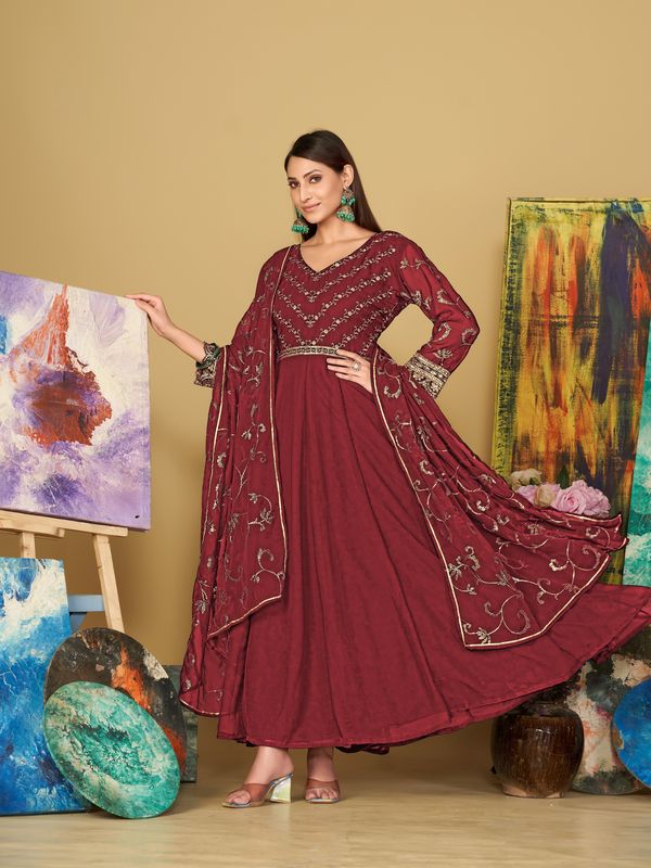 Aastha Maroon with Net top fabric Santoon Net Bottom fabric